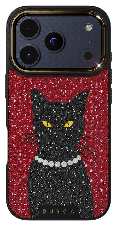 Black cat illustration on a glittery red phone case.