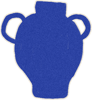 A stylized illustration of a textured blue vase with two handles and a cream-colored outline.