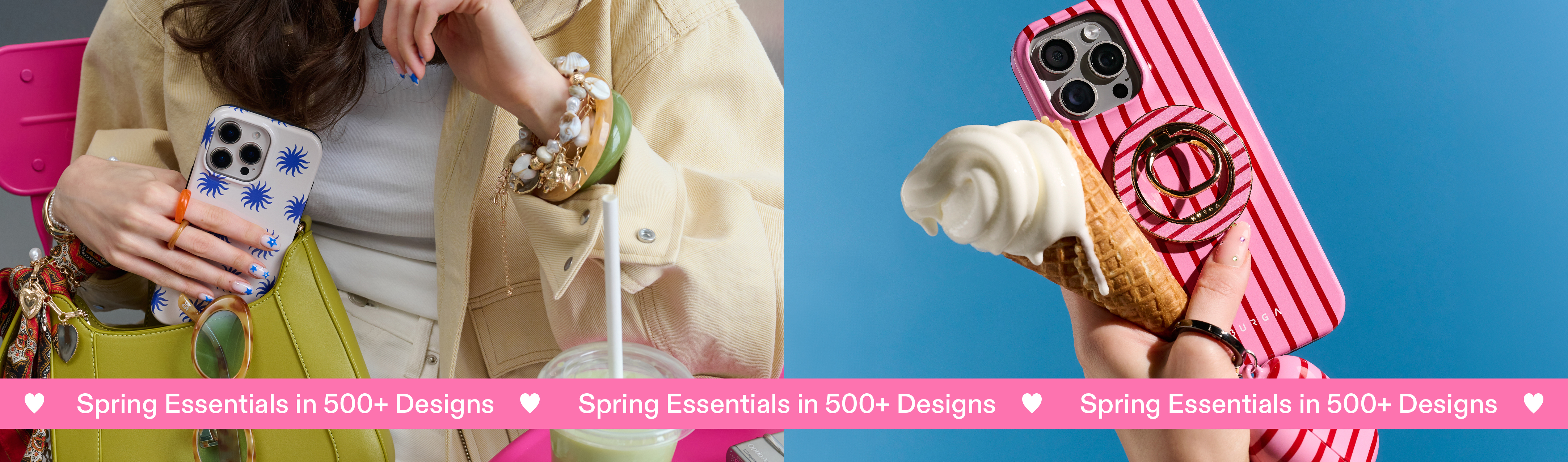 A person holds a phone with a blue sunburst pattern, placing it into a lime green handbag.