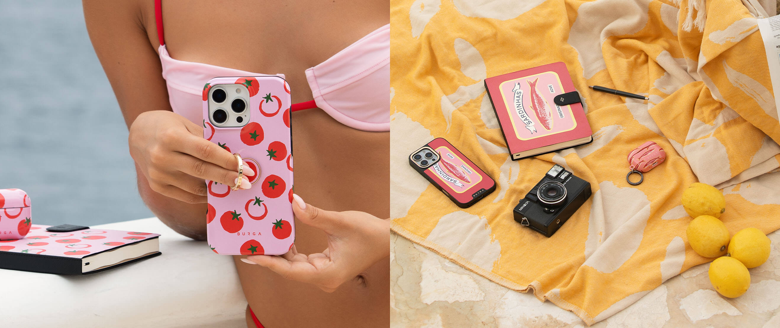Two images: one of a person holding a phone with a tomato case, another of items on a blanket.