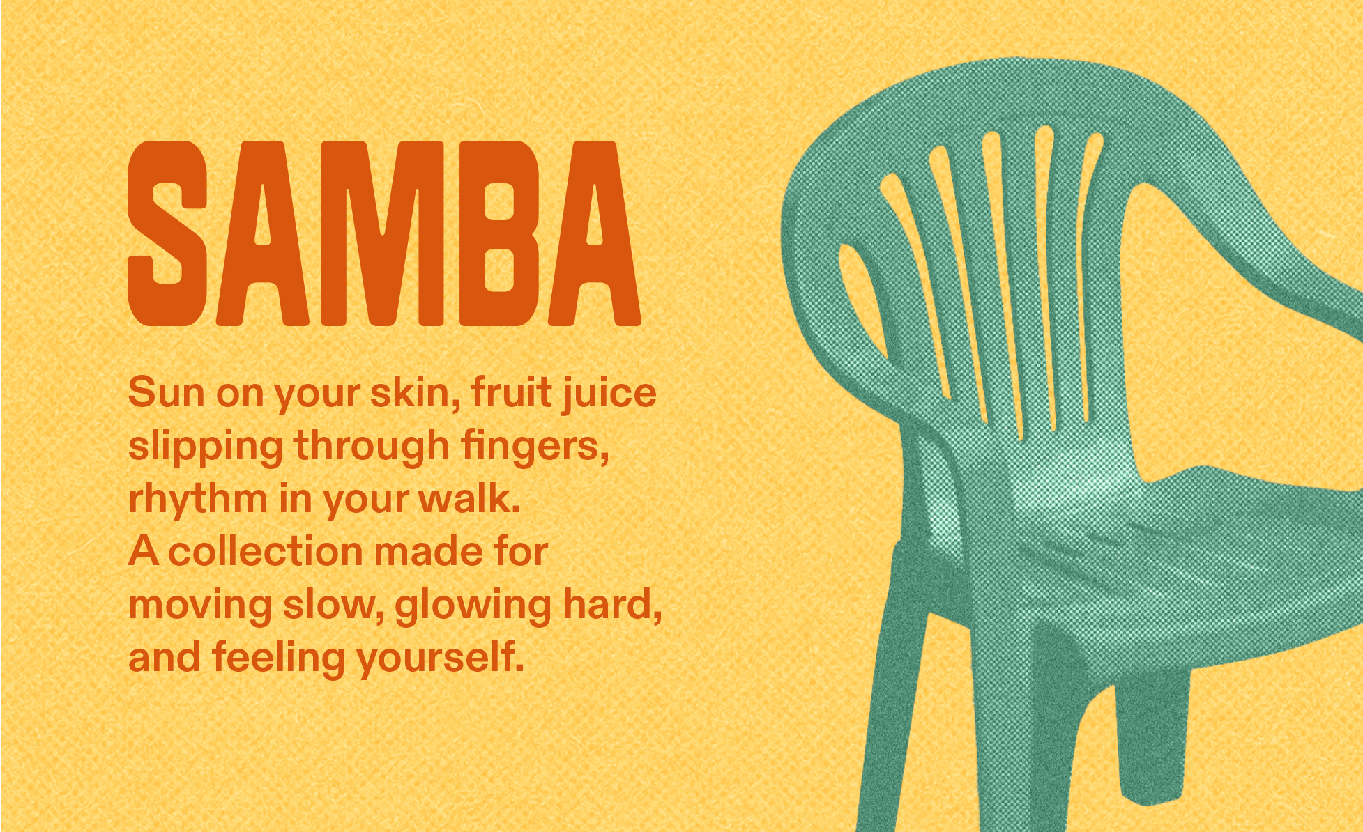 Text 'SAMBA' with a green plastic chair on a yellow background.