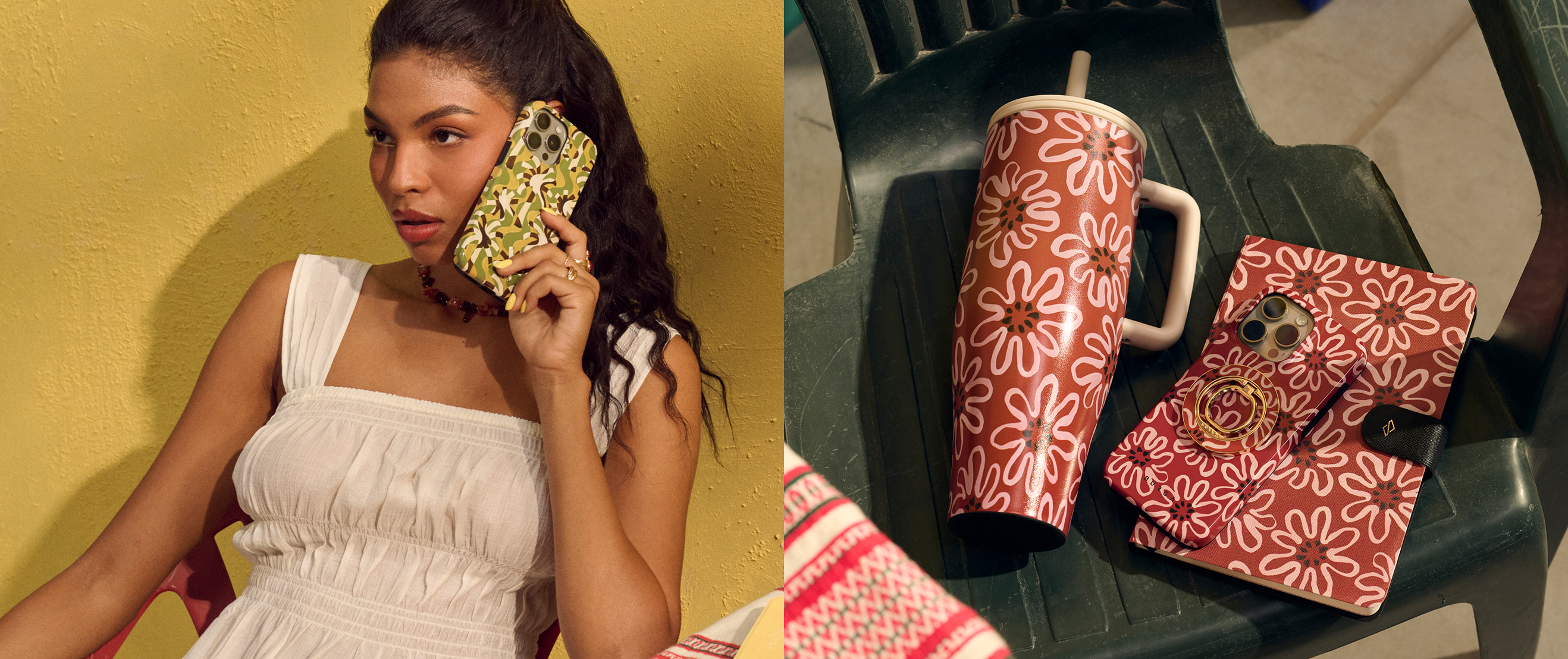 Woman holding phone with floral case; floral mug and notebook on chair.