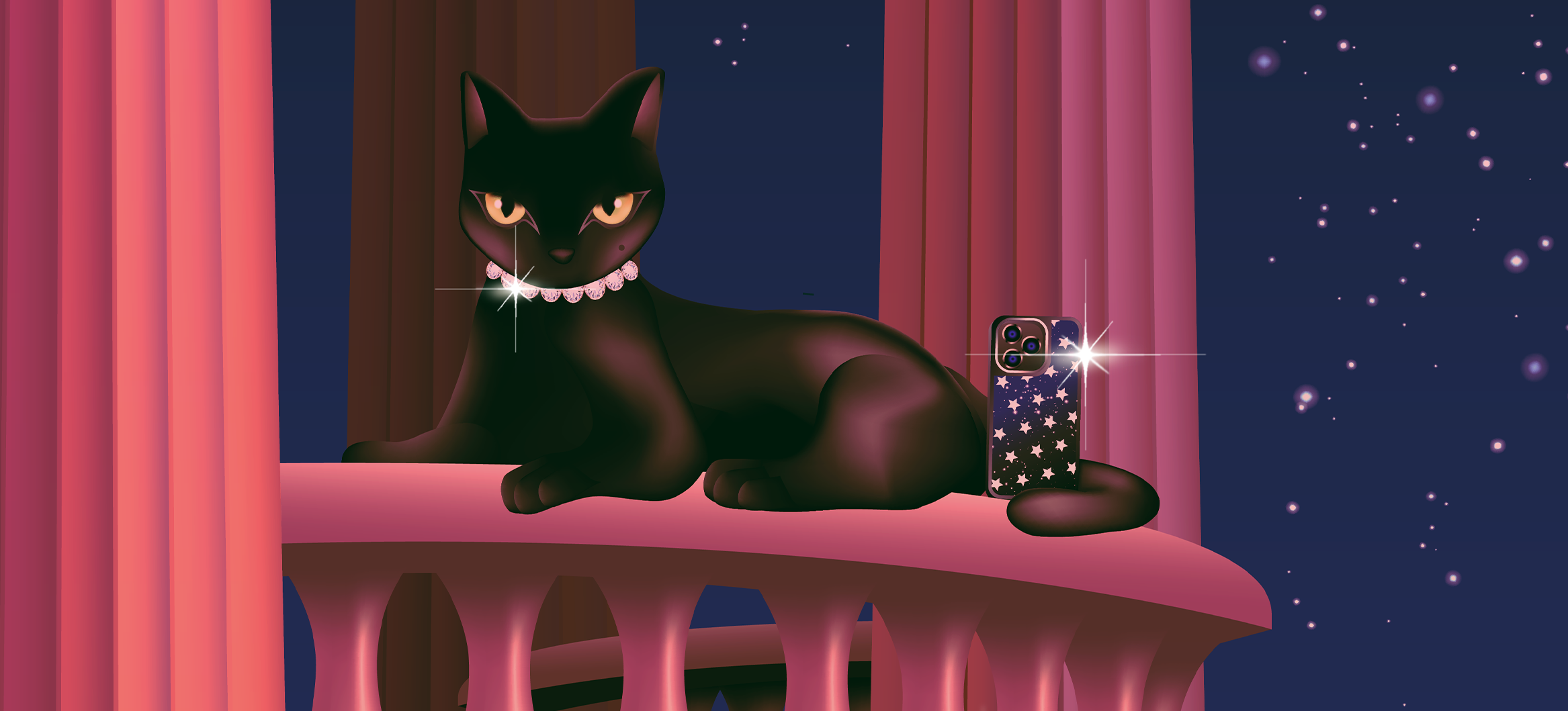 Illustration of a black cat with a collar next to a smartphone on a pink column.