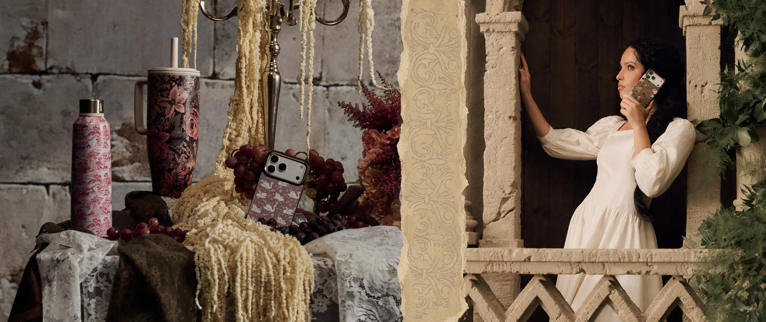 A split image showing a still life with patterned products and a woman on a balcony holding a phone.