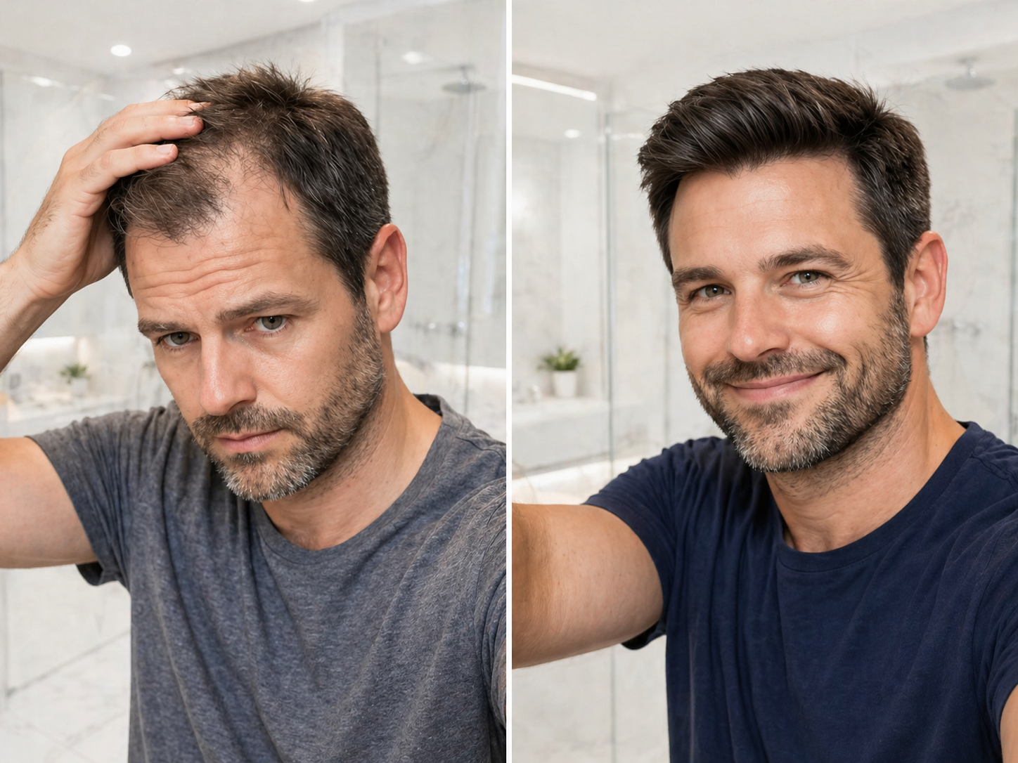 A split-screen image showing a man with thinning hair on the left and the same man with fuller hair on the right.