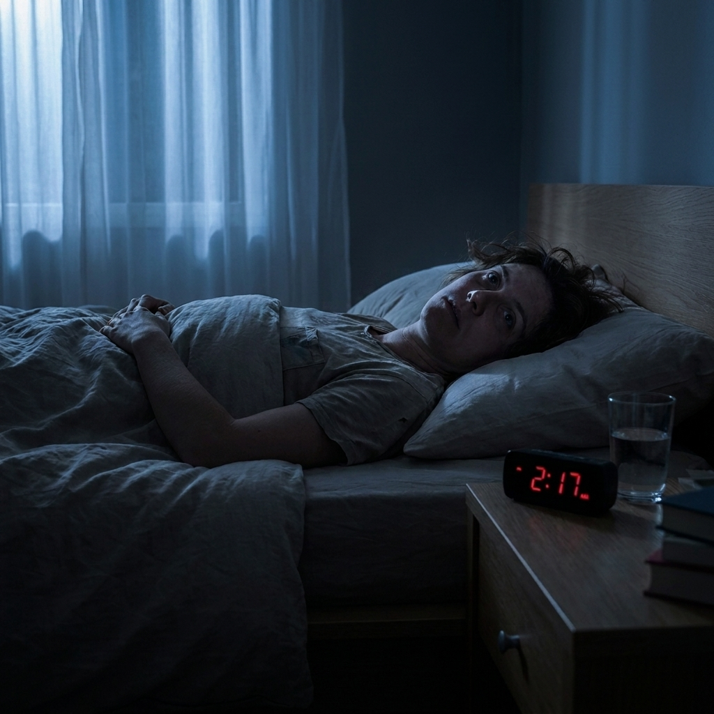 A person lies awake in a dark bedroom next to a digital clock that reads 2:17.