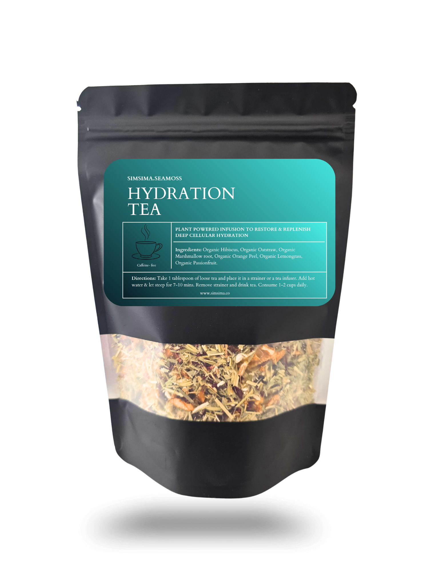 A black pouch of SimSima Seamoss Hydration Tea with a clear window showing the loose-leaf herbs inside.