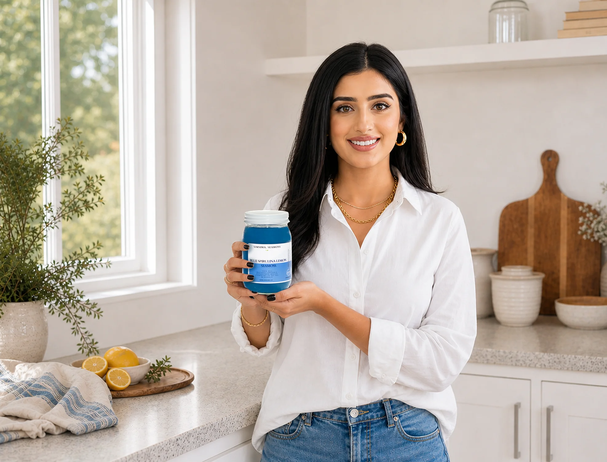A woman in a white shirt and jeans smiles while holding a blue jar in a kitchen.