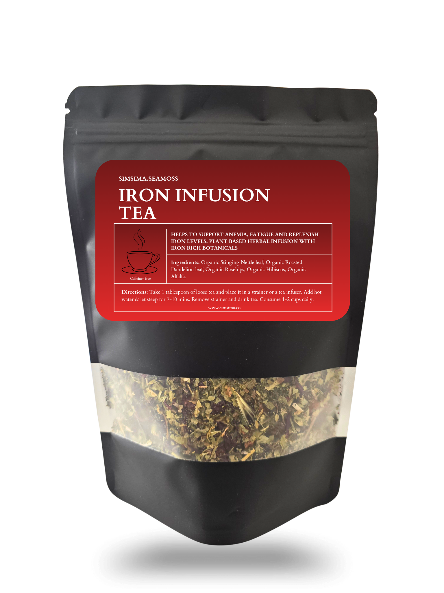 A black pouch of SimSima SeaMoss Iron Infusion Tea with a clear window showing the loose-leaf herbs.