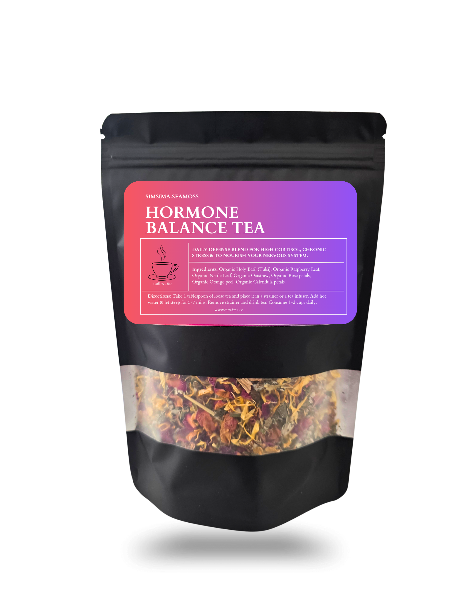 A black pouch of Hormone Balance Tea with a clear window showing the loose-leaf herbs inside.