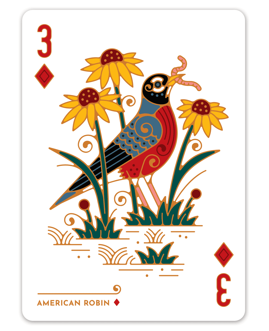 Playing card showing a stylized bird, sunflowers, and the number three of diamonds.