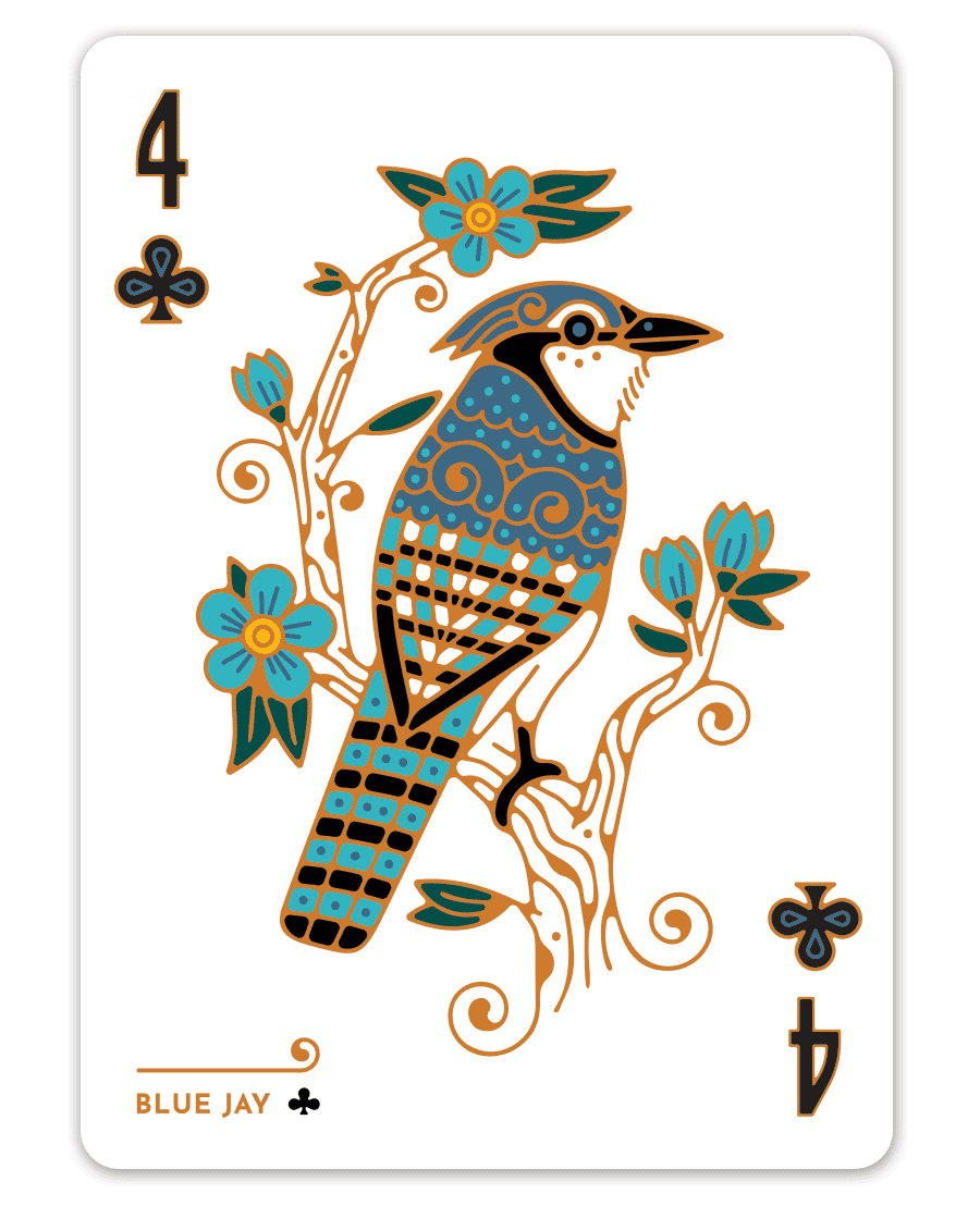 Playing card with a blue jay and floral motif, number four of clubs.