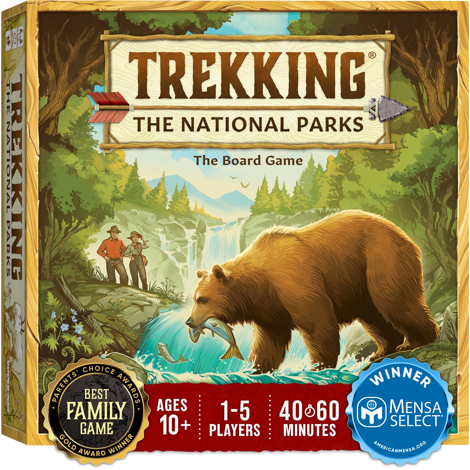 Board game box with a bear, waterfall, and two hikers in a forest.