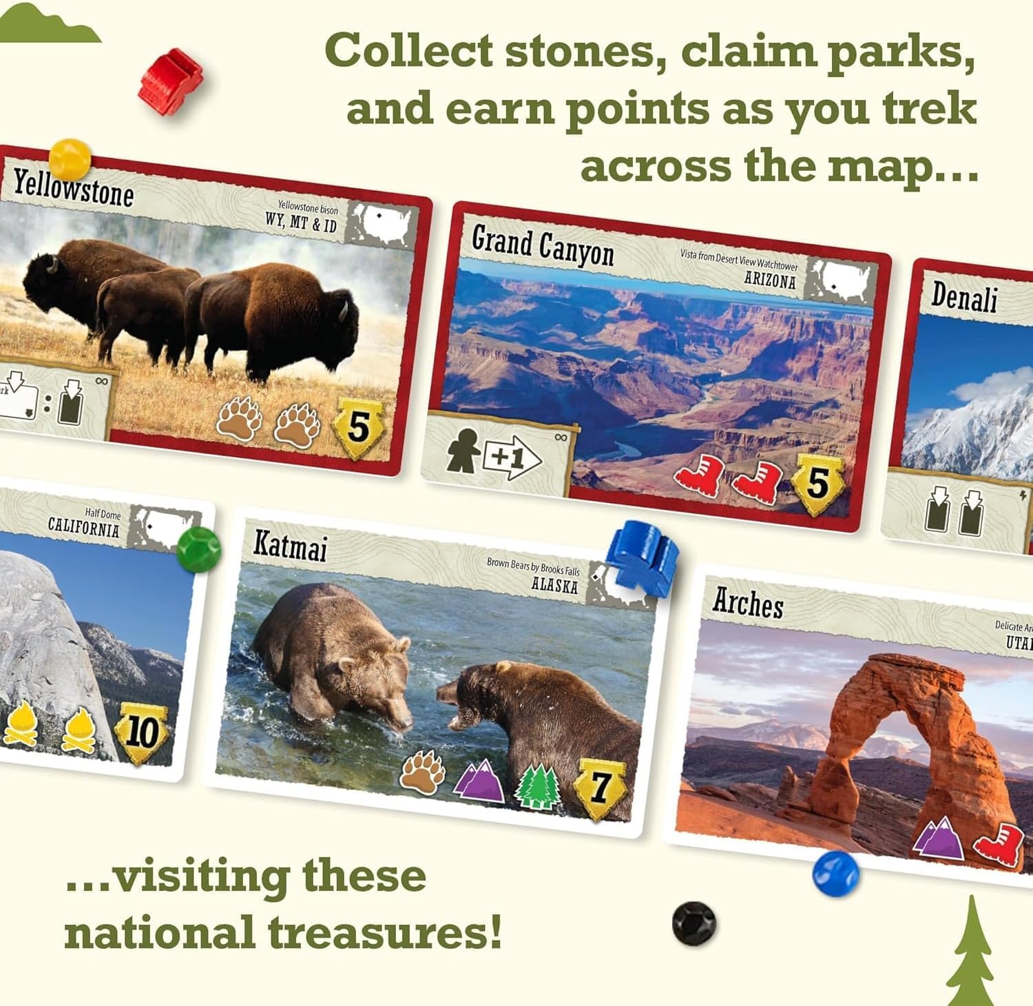 Board game 'Trekking the National Parks' with game pieces, cards, and a map.