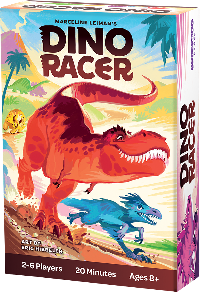 The box for the board game Dino Racer, showing a large red dinosaur chasing a smaller blue one.