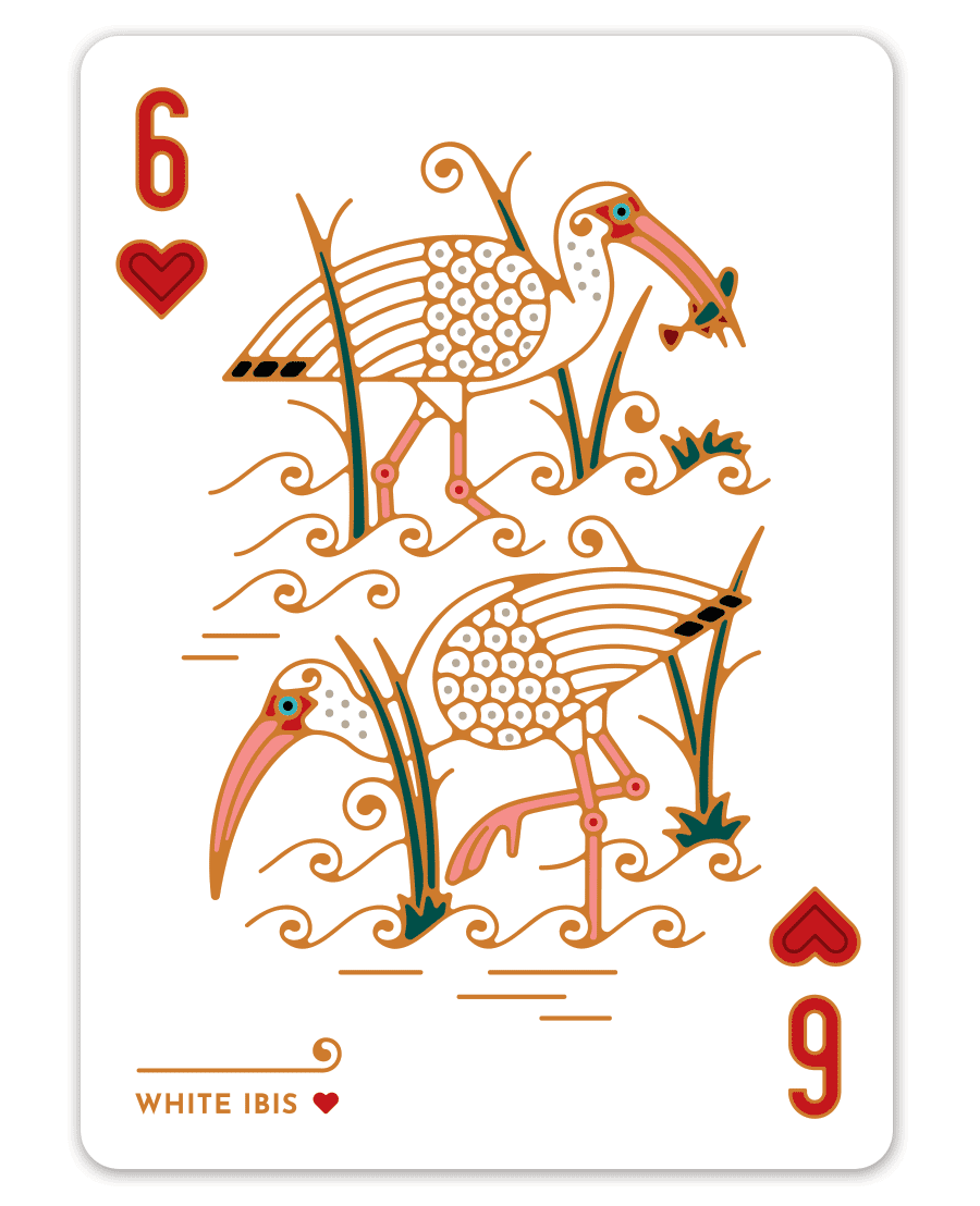 Playing card showing two stylized white ibises, labeled six and nine of hearts.
