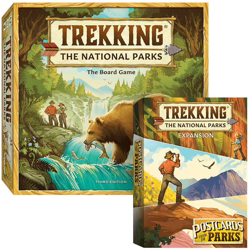 Board game and expansion box for 'Trekking the National Parks,' featuring nature illustrations.