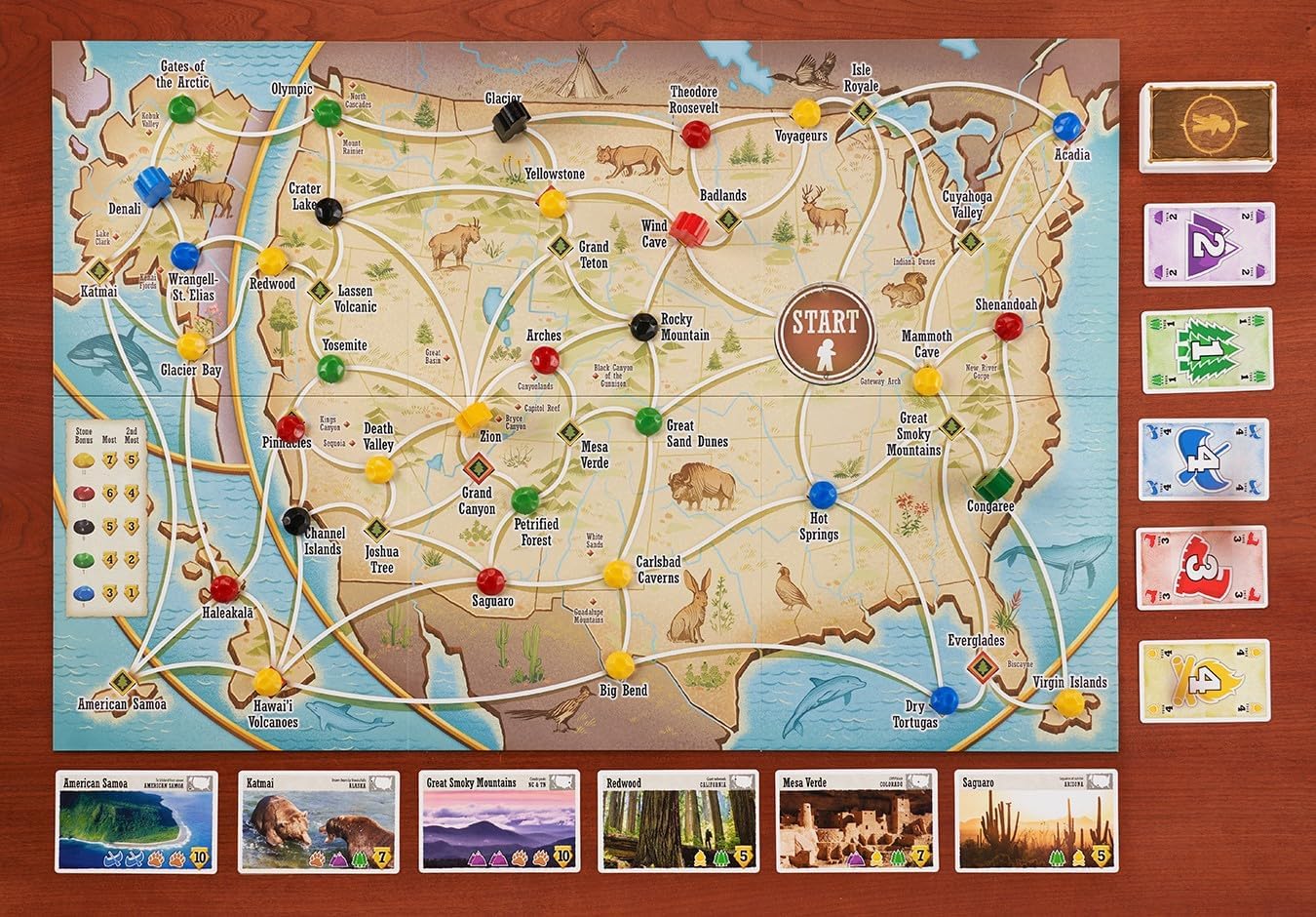 Board game map of the United States with colored markers and cards.