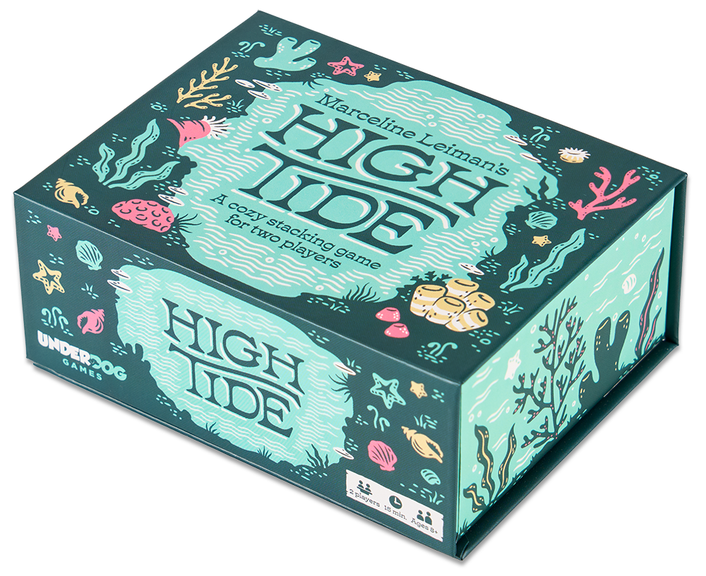 Box of 'High Tide' board game with ocean-themed illustrations.