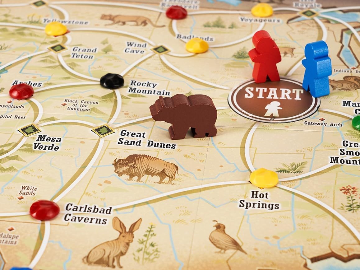 Board game map with colored pieces and animal illustrations.