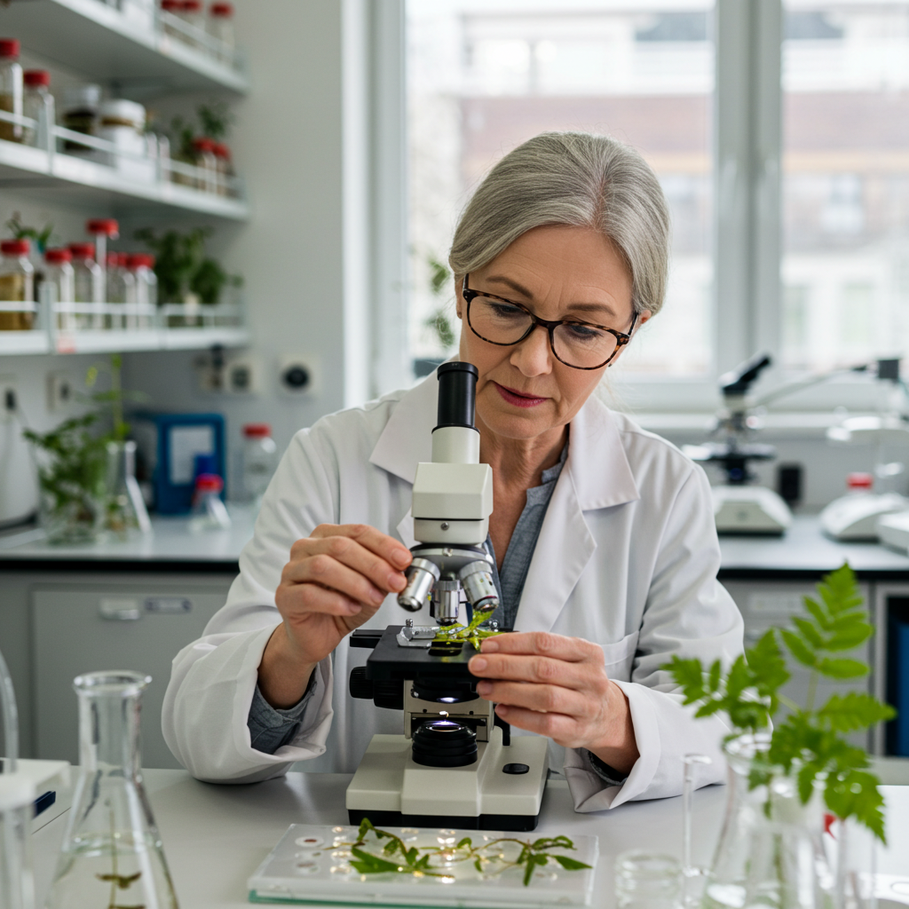 Scientist examining plant samples under a microscope in a laboratory.