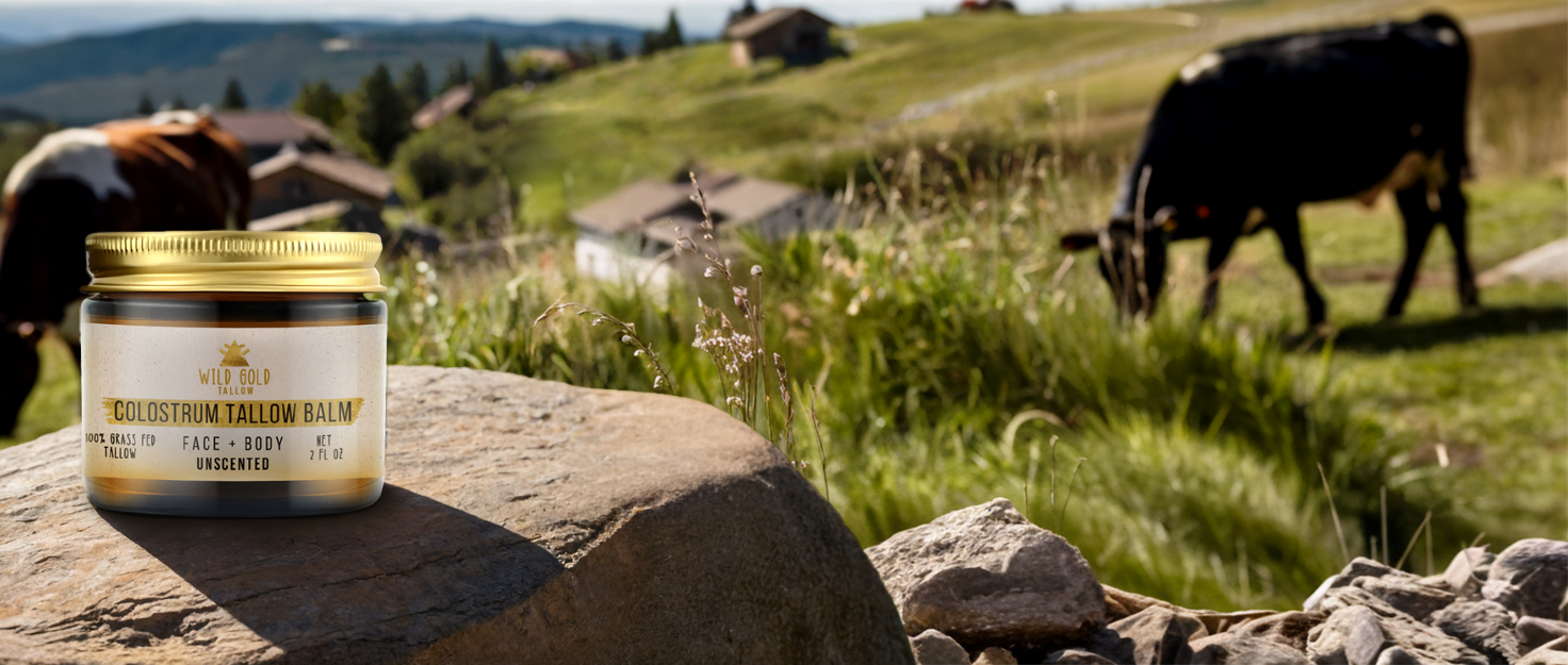 Jar of tallow balm on rock with grazing cows in background.