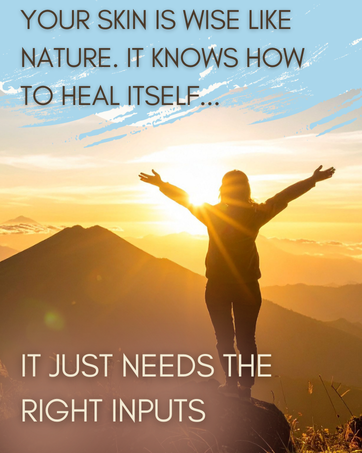 Silhouette of person on mountain with text about skin's healing ability.