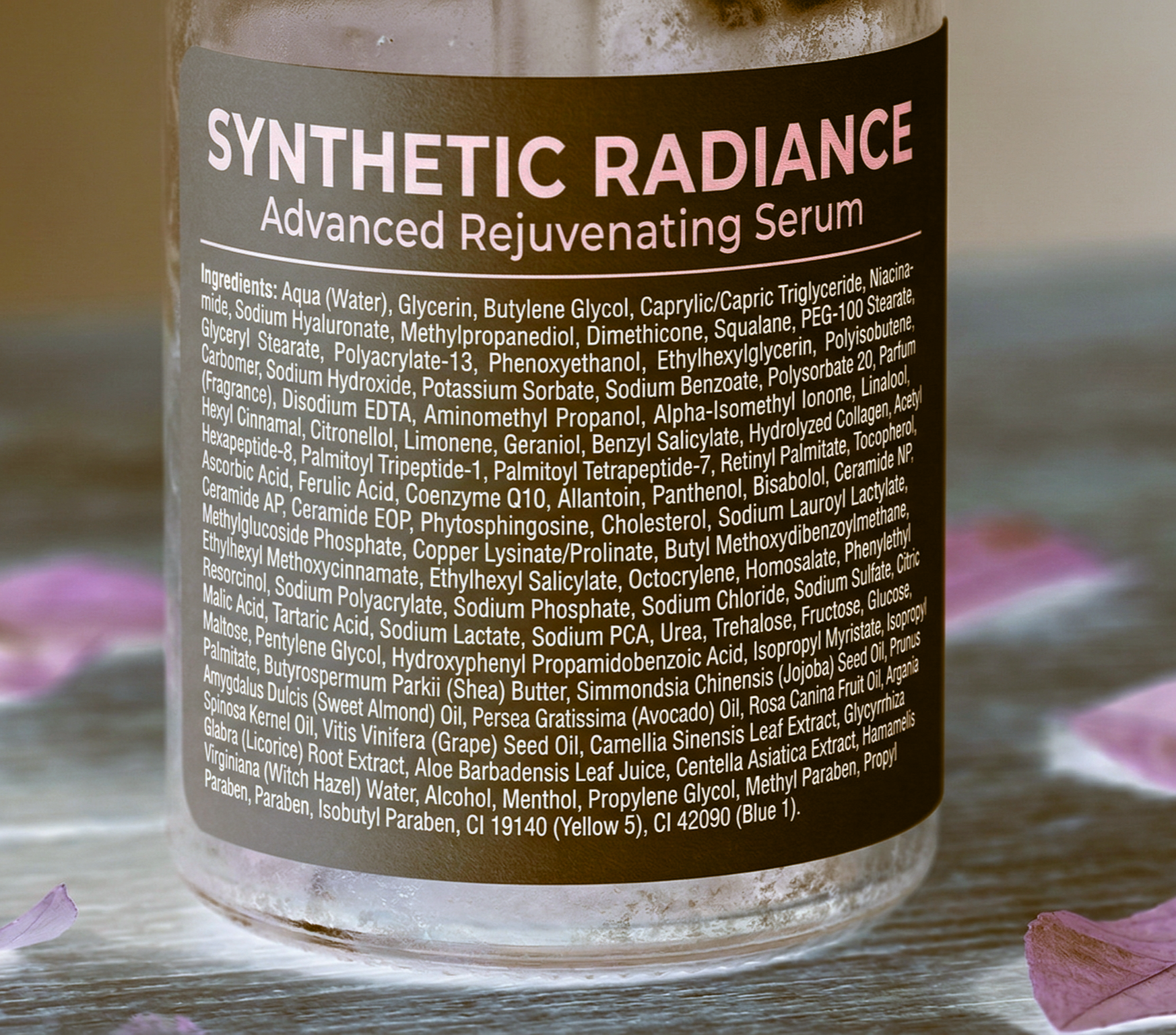 A close-up of the ingredients list on the label of a bottle of Synthetic Radiance Advanced Rejuvenating Serum.