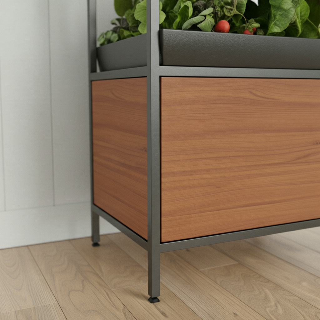 A metal planter box with wooden panels and green plants inside.