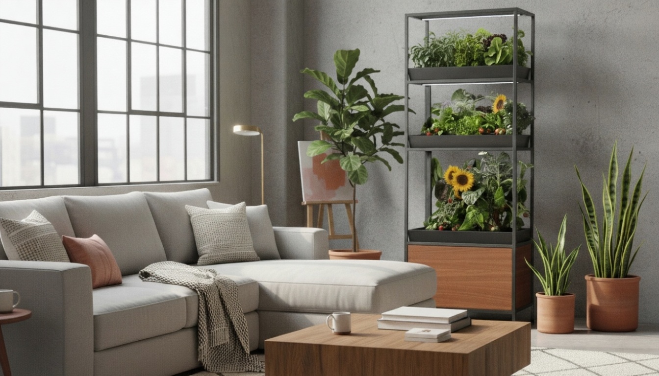 Living room with a sofa, potted plants, and a vertical garden.
