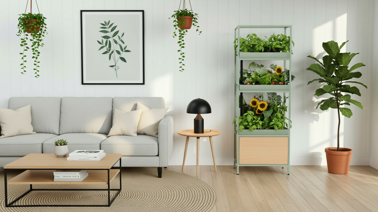 Living room with sofa, plants, lamp, and framed botanical artwork.