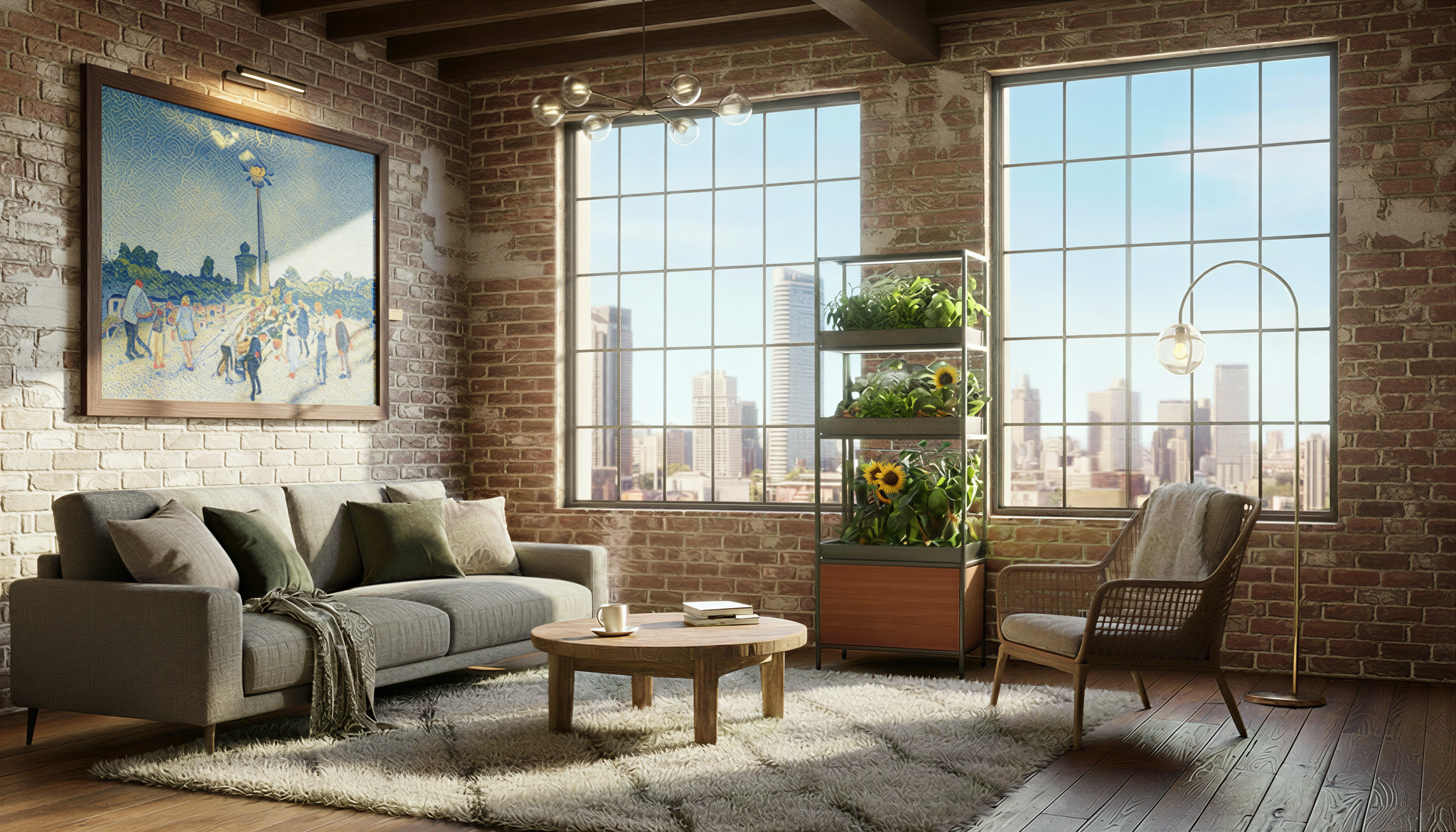 Modern living room with brick walls, large windows, and urban view.