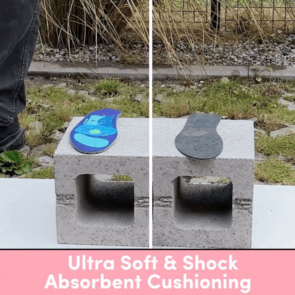 Comparison of two insoles on concrete blocks with text about cushioning.