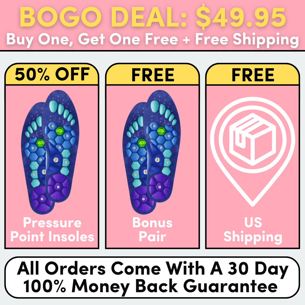 Promotional image for insoles with BOGO deal and free shipping offer.