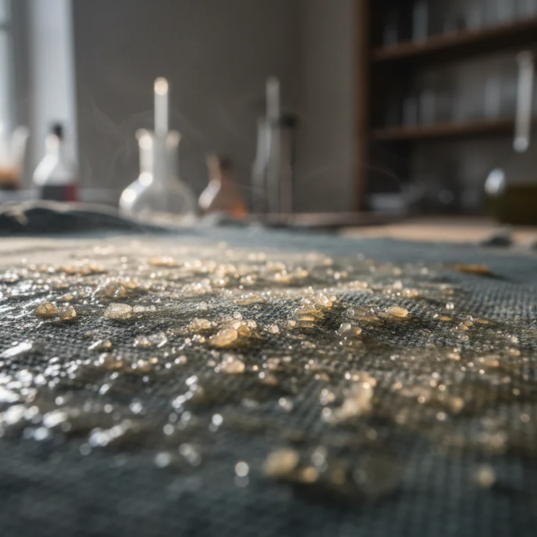 Close-up of liquid substance on fabric in a laboratory setting.
