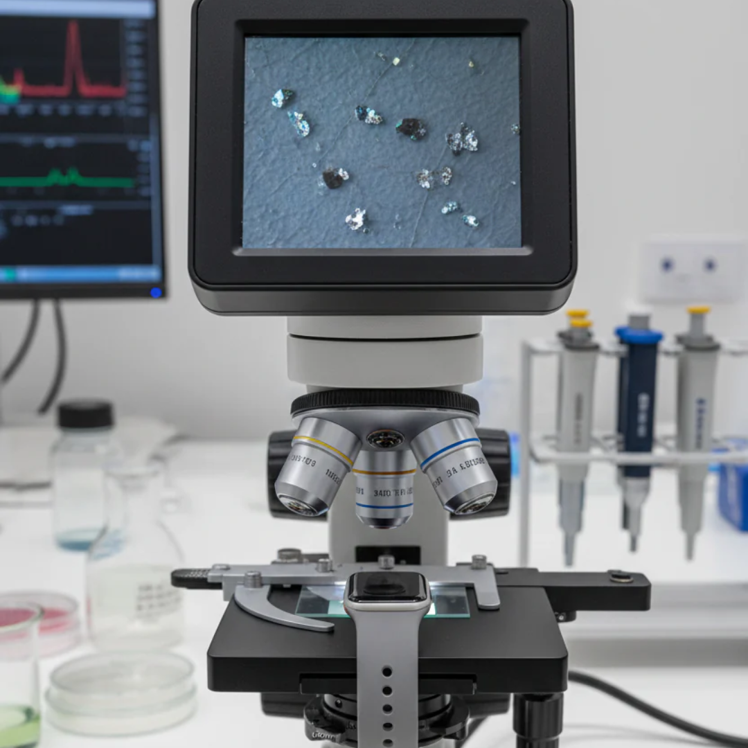 Laboratory microscope with screen displaying small particles; pipettes and computer in the background.