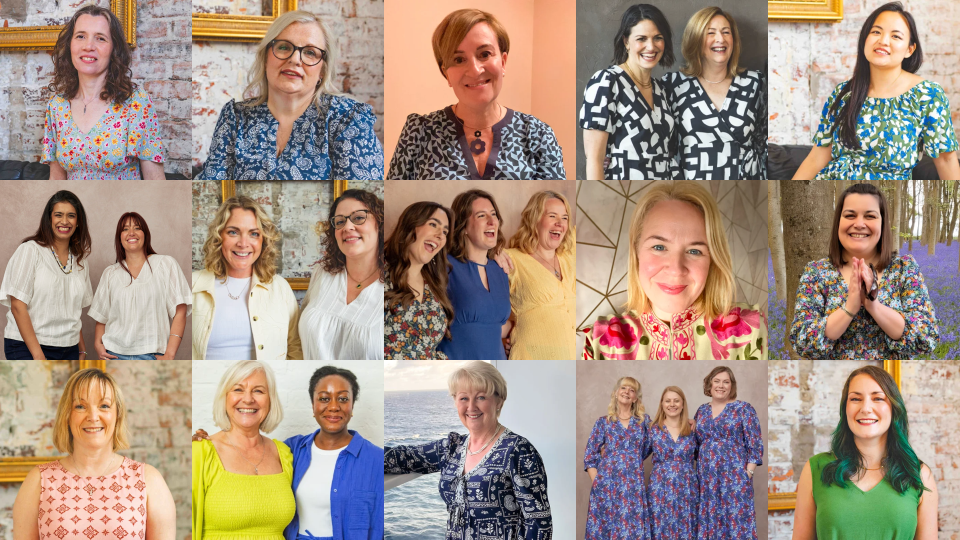 A collage of fifteen photos featuring various smiling women, shown individually and in small groups.
