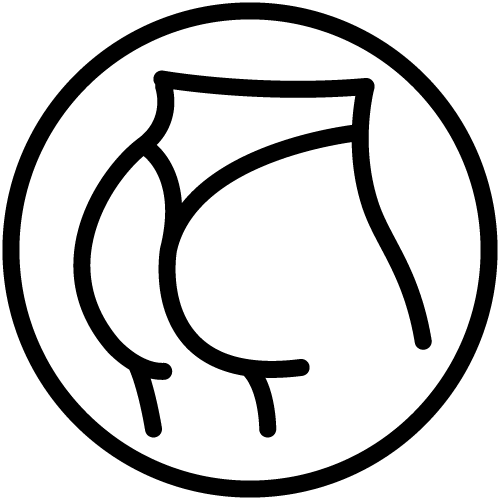 A black line art icon of buttocks inside a circle.