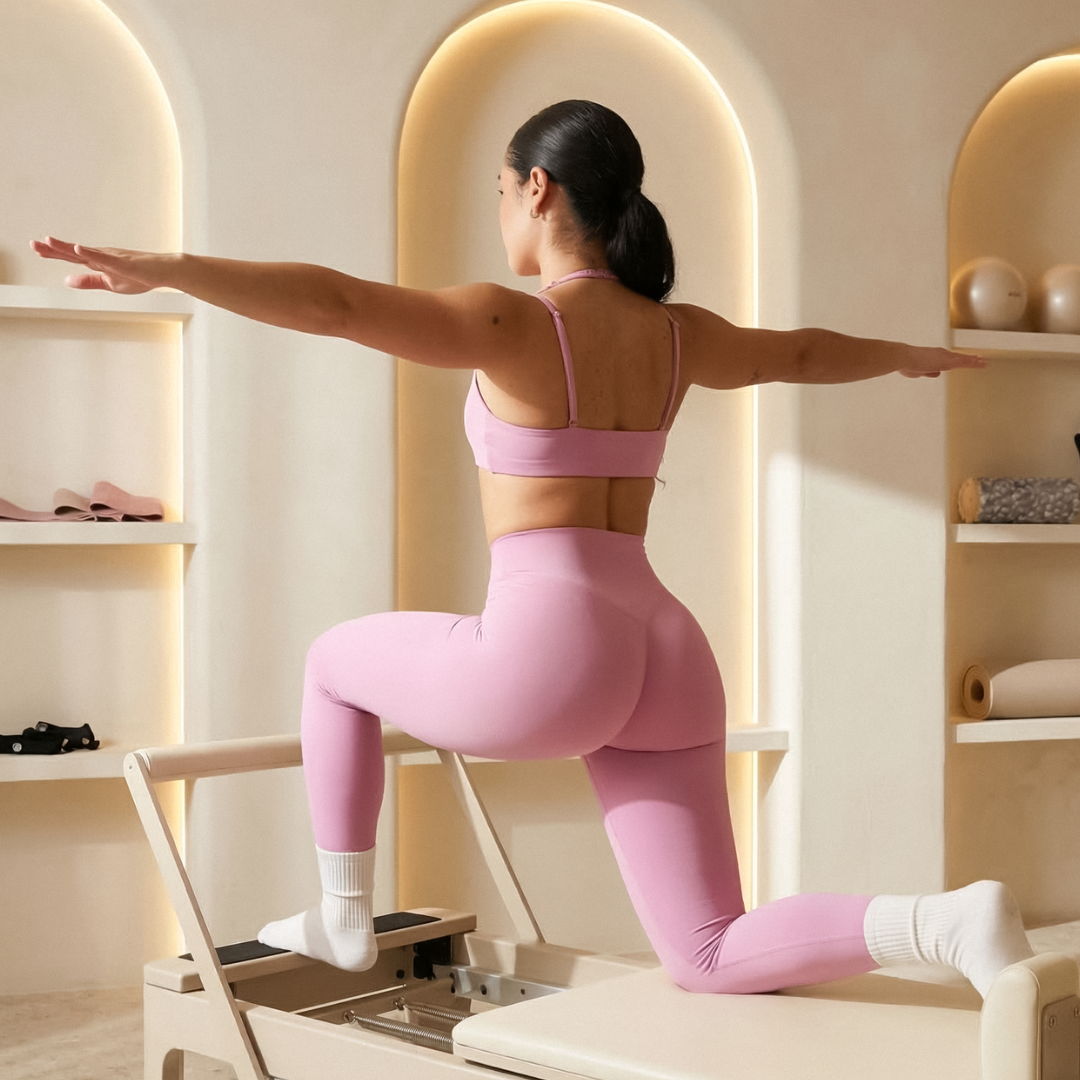 A woman from behind in pink activewear performs a lunge on a Pilates reformer in a studio.