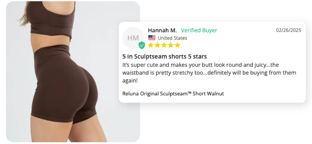 Person wearing brown shorts with a review overlay on the right.