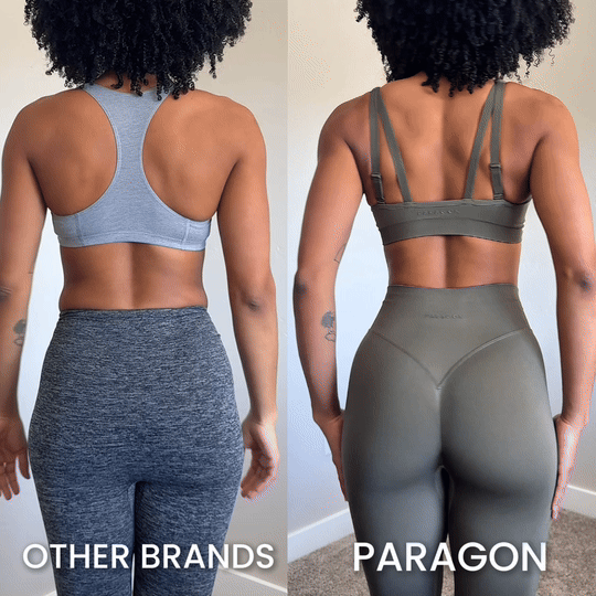 Comparison of two activewear outfits from different brands showing back views.