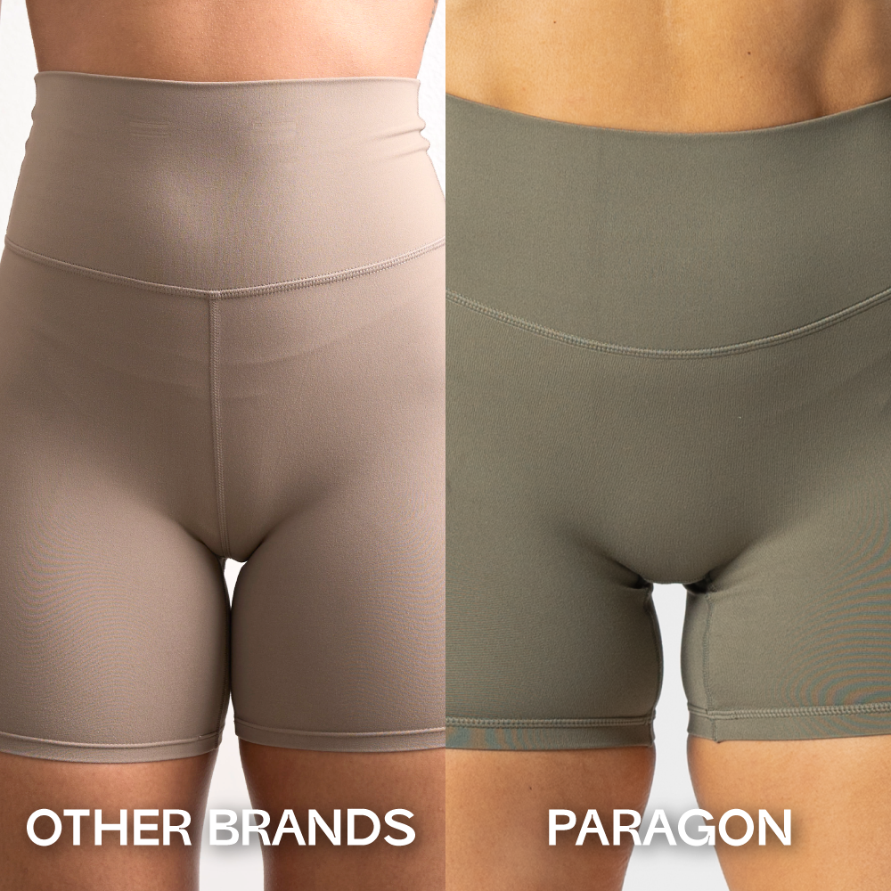 Comparison of two types of high-waisted shorts labeled 'Other Brands' and 'Paragon.'