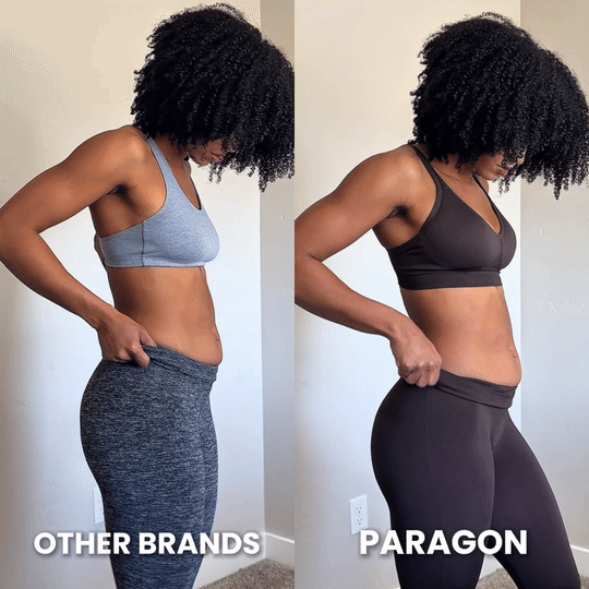 Comparison of leggings from 'Other Brands' and 'Paragon' on a woman.