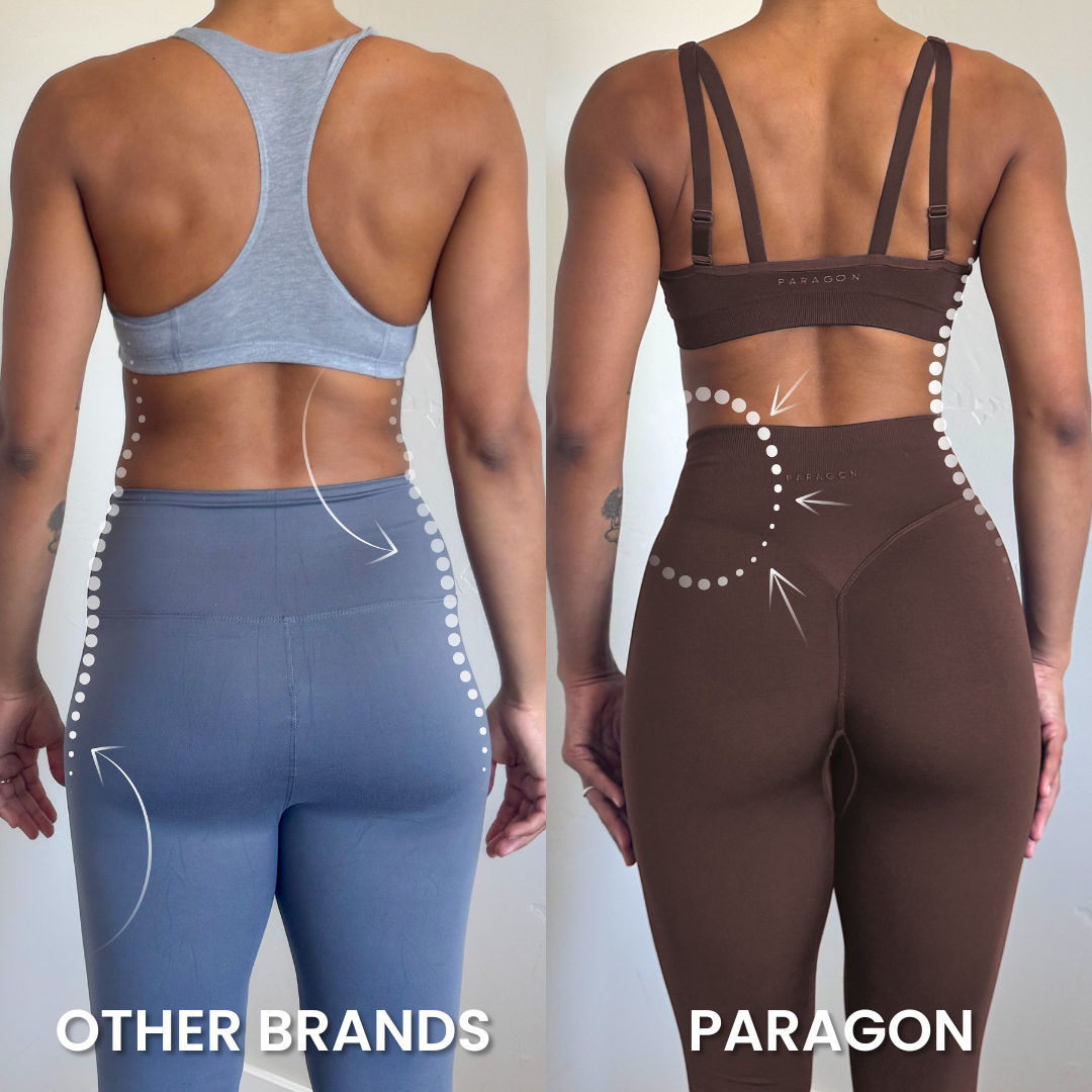 A comparison of two leggings brands, highlighting fit differences on a person from behind.