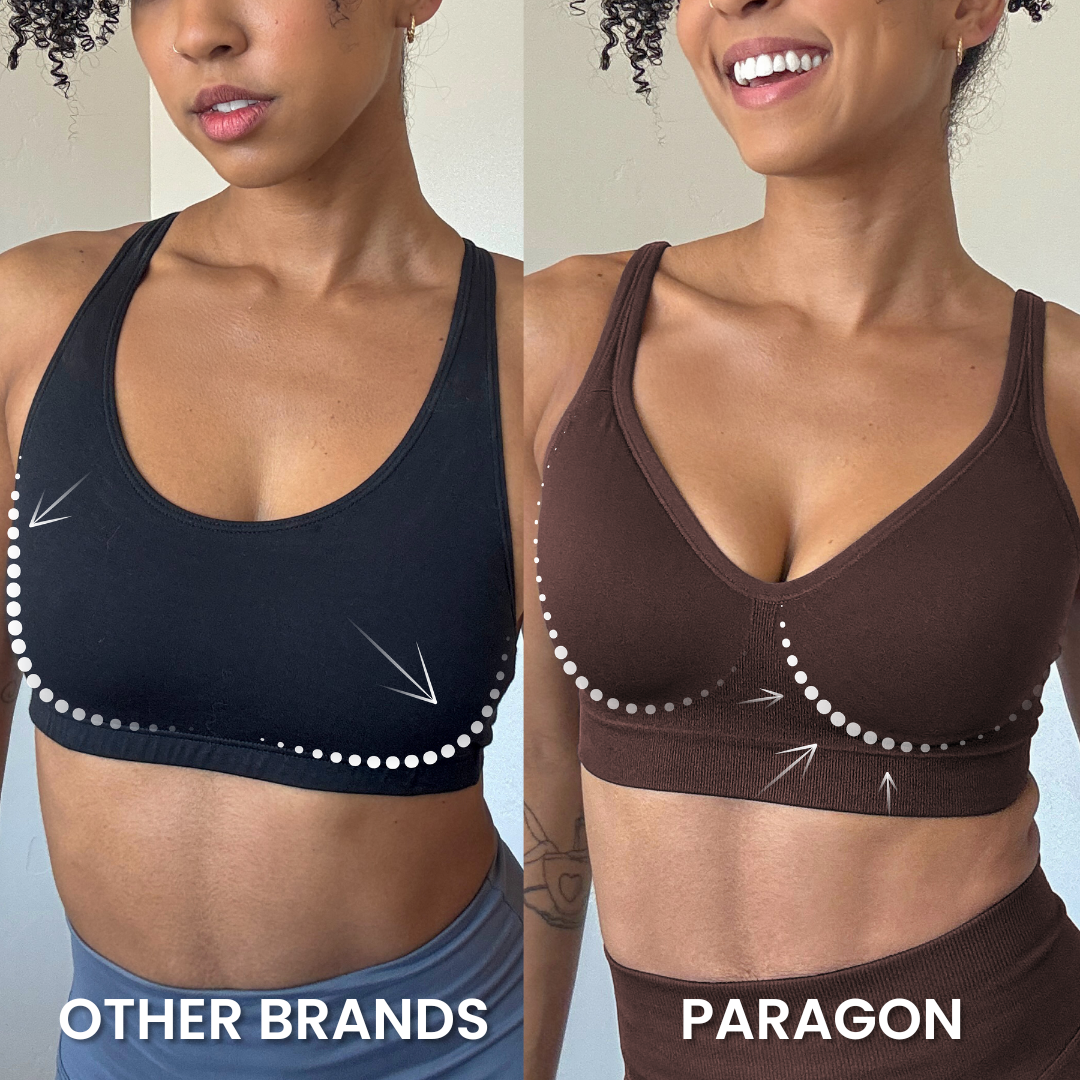 Comparison of sports bras: Other Brands vs. Paragon, highlighting fit and support.