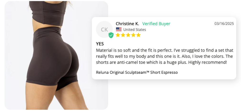 Person wearing dark shorts with a review overlay on the right.