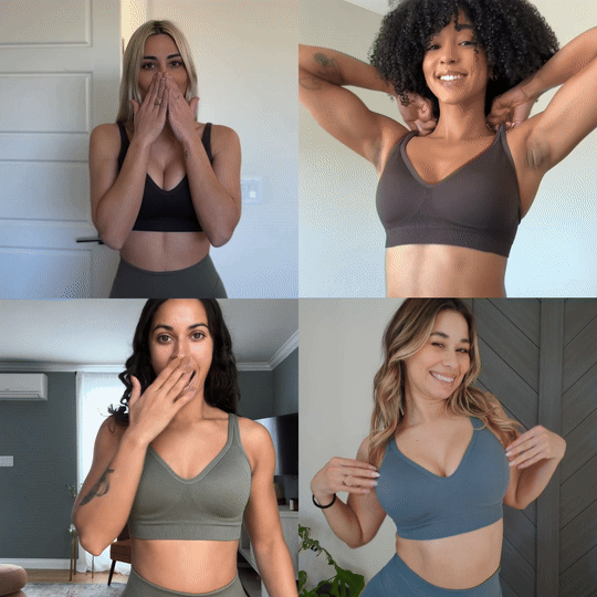 Four women showcasing different sports bras in various poses at home.