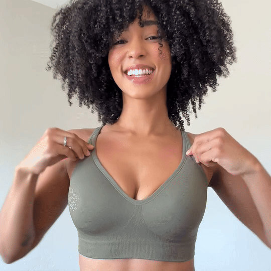 Side-by-side comparison of sports bras from different brands on a person.