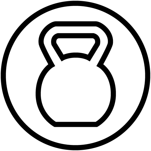 A black line icon of a kettlebell inside a circle.