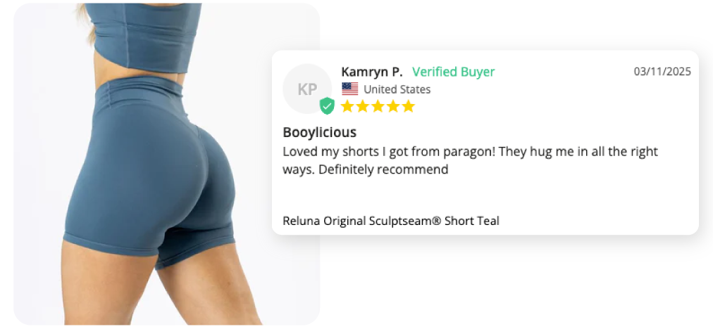Person wearing teal shorts with a review overlay on the right.